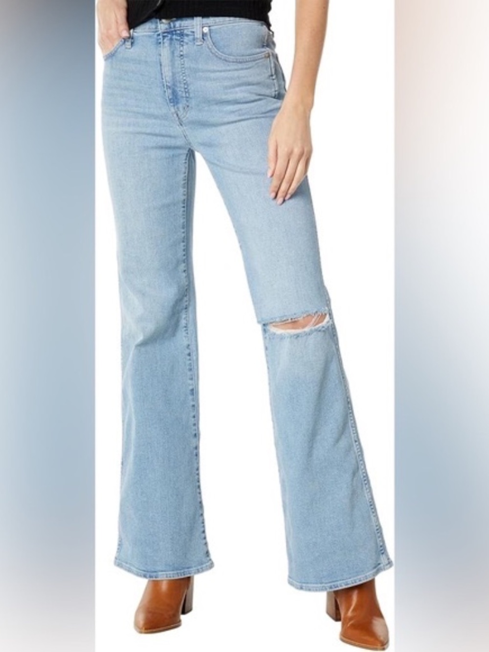 MADEWELL - 11" High-Rise Flare Jeans in Eversfield Wash: Knee-Rip Edition sz 28 - Picture 2 of 12